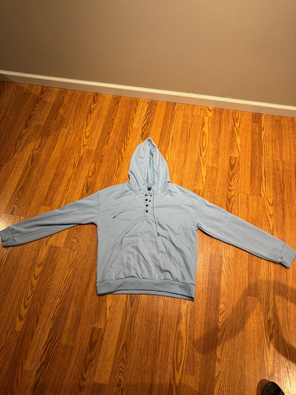Light Blue Hooded Pullover Sweatshirt with Henley Detail